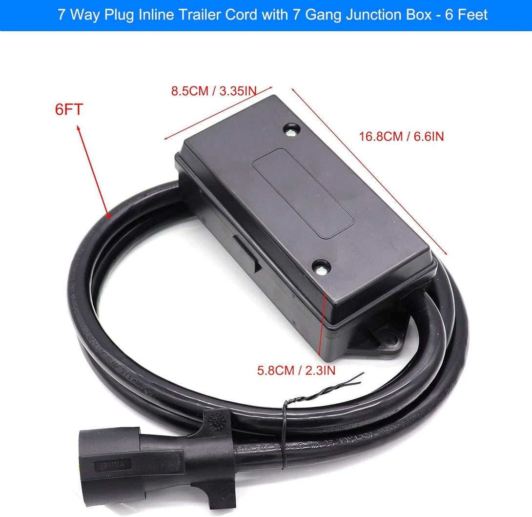 6 Foot 7 Pin Trailer Plug Wiring Harness 7 Way RV Trailer Cord Wire with 7 Gang Waterproof Junction Box