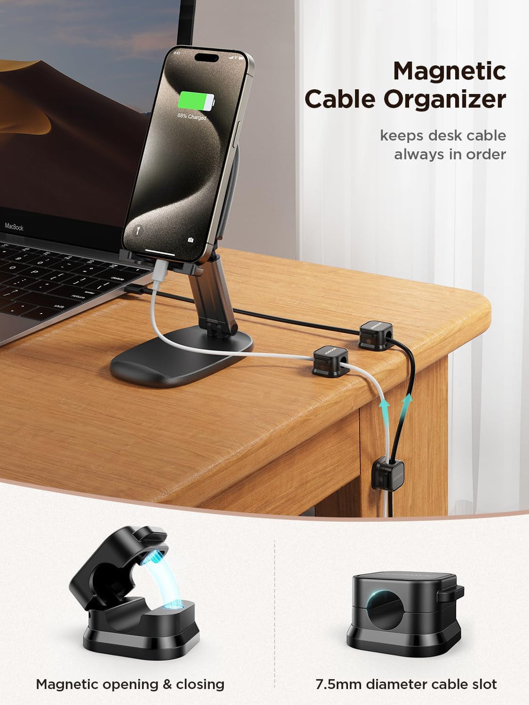 6 Pack Magnetic Cable Clips [Cable Smooth Adjustable] Cord Holder, under Desk Cable Management, JOYROOM Adhesive Wire Holder Keeper Organizer for Home Office Desk Phone Car Wall Desktop Nightstand