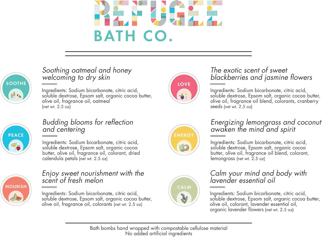Variety Pack Bath Bombs 2.5 Oz. Each Cocoa Butter and Plant-Based Ingredients Support Refugee Employment in USA (Variety 12 Pack)