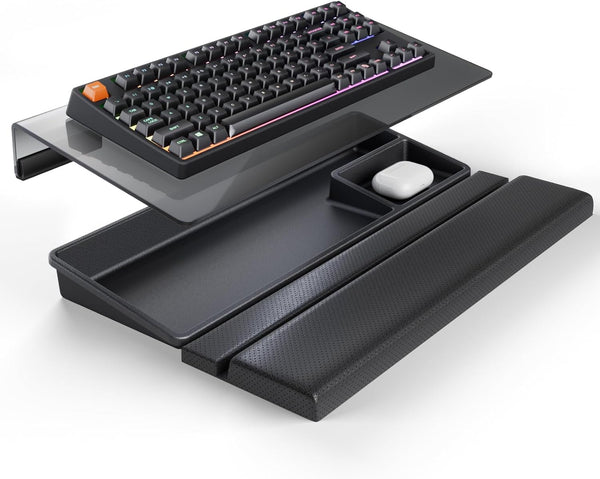3 in 1 Keyboard Stand W/Wrist Rest and Storage Tray - Klearlook [Ultra Comfortable] PU Leather Wrist Pad & Acrylic Keyboard Riser, 16.9X7.3 Inch Tilt Adjustable Computer Keyboard Stand Holder-Black