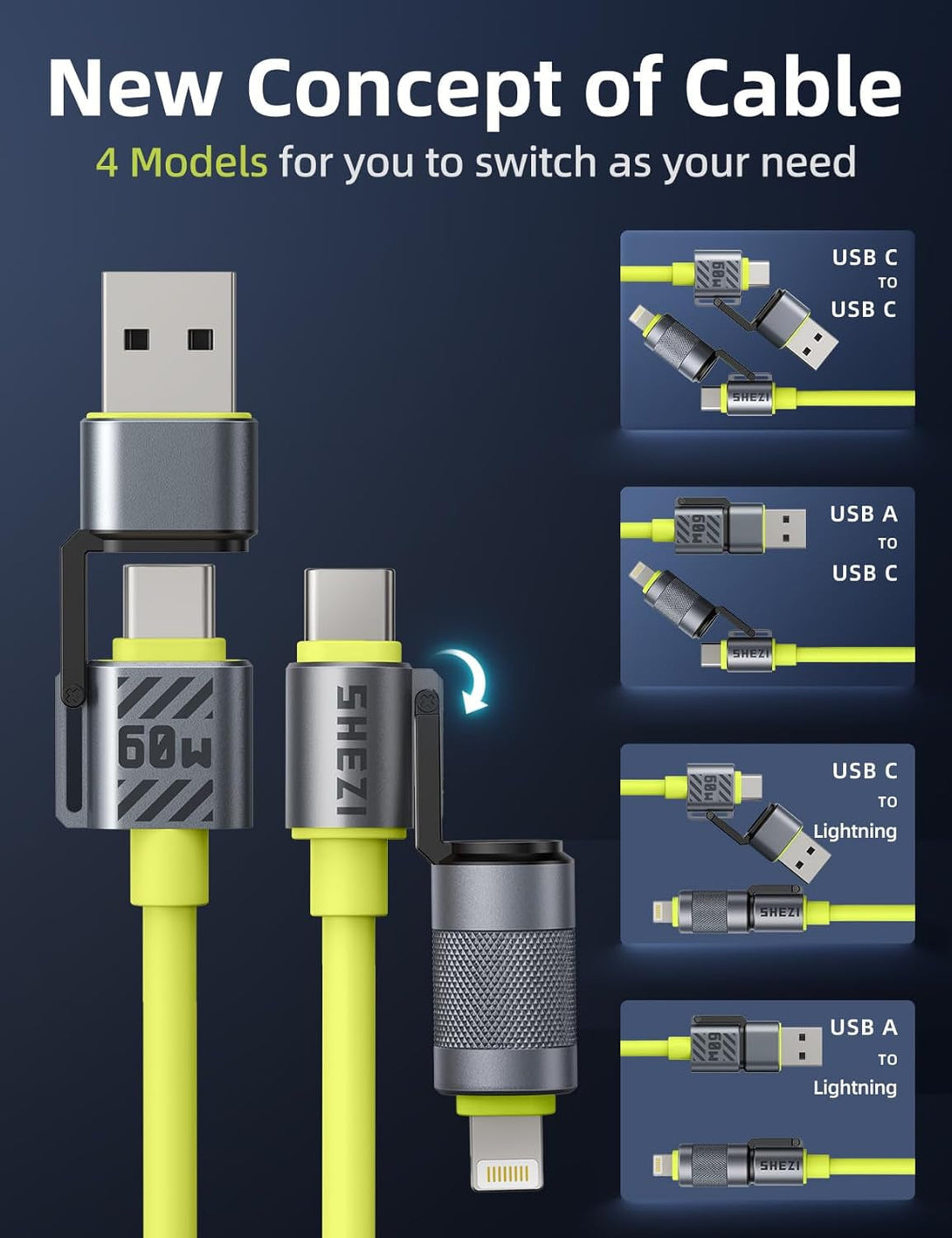 Chubby Cable 4-In-1 USB C to Lightning Cable 60W Fast Charging & Data Transfer, Support to Apple Carplay & Android Auto, Travel Multi Cord Charger Combo for Iphone/Ipad/Samsung/Macbook, 5FT Green