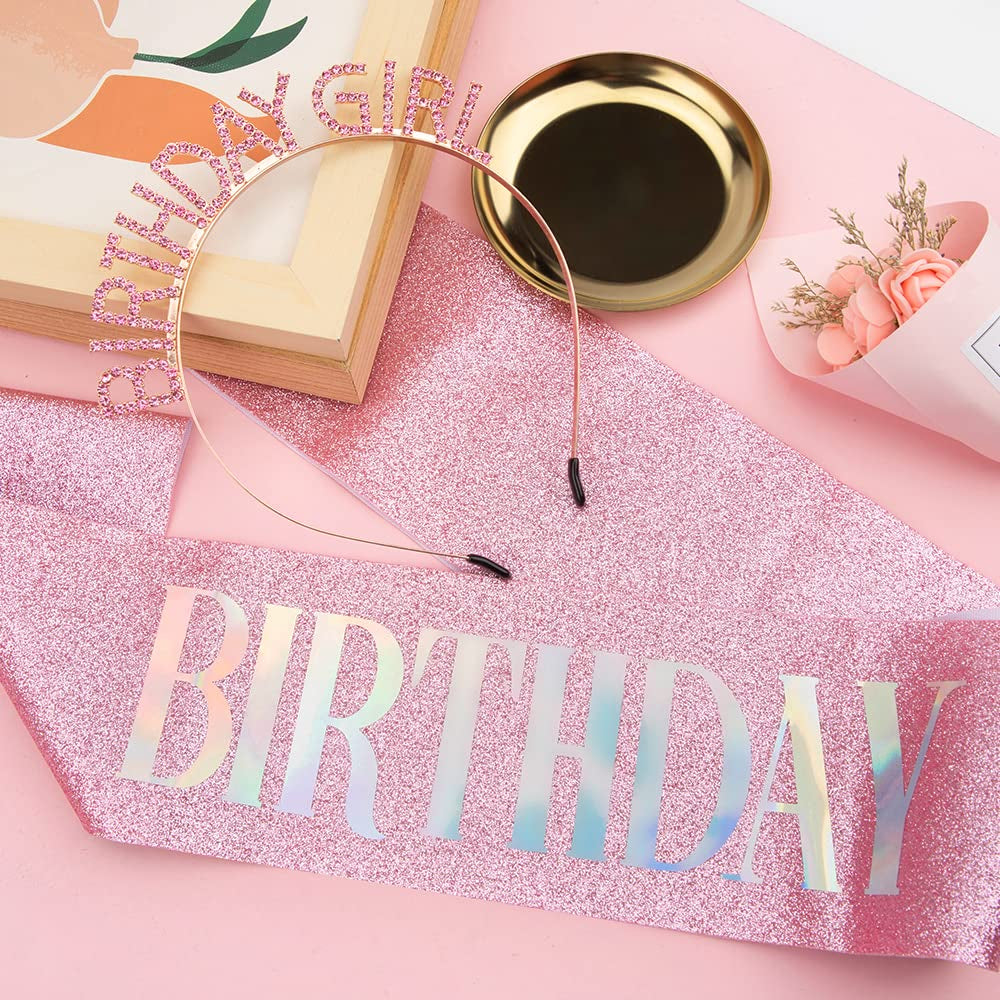 Glitter Birthday Sash, Tiara and Rhinestone Headband Set - Pink Birthday Accessories for Her