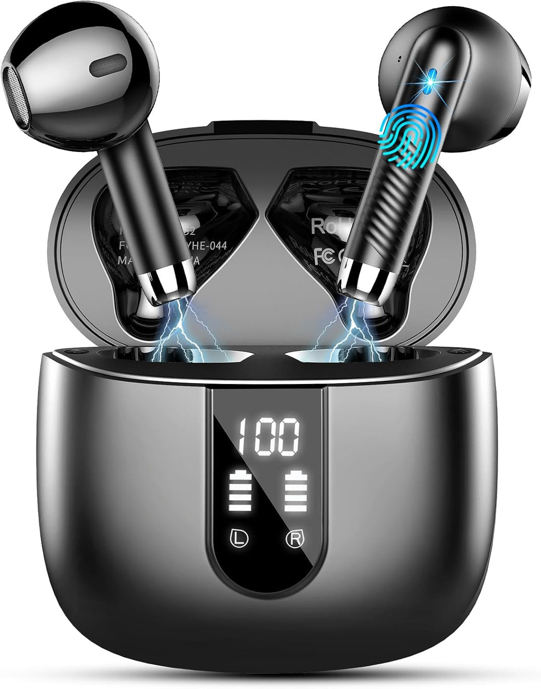 Wireless Earbuds, 2024 Bluetooth Headphones V5.3 Ear Buds Built-In ENC Noise Cancelling Mics, 40H Stereo Bass Bluetooth Earbuds with Dual LED Display, IP7 Waterproof Earphones for Android Ios, Black