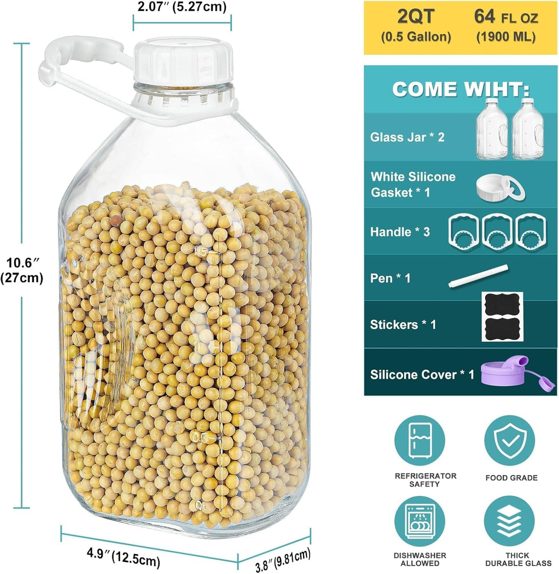 2 Pack 64 Oz Heavy Duty Glass Milk Bottle with Dispenser Cap and Reusable Airtight SCREW LID, 2 Qt Glass Water Bottle with 2 Exact Scale Lines - Milk Jug Pitcher - 1/2 Gal Juice Bottles