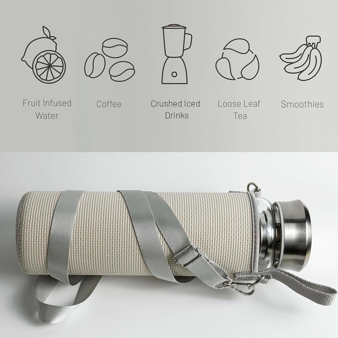 32 Oz Glass Water Bottles with Stainless Steel Lid and Sleeve - Borosilicate Glass Sports Water Bottle with Strap for Drinking