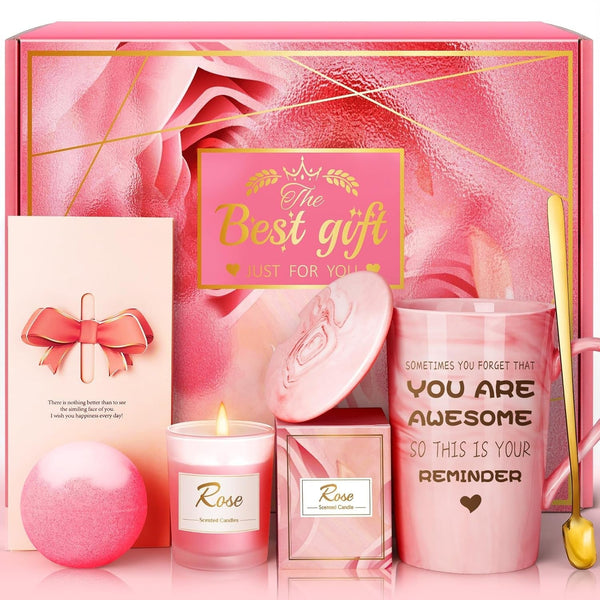 Gifts for Women, Mom, Wife, Girlfriend, Sister, Daughter, Grandma: Mothers Day Gifts, Happy Birthday, Christmas, Valentines Day, Pink Rose Spa Baskets Set