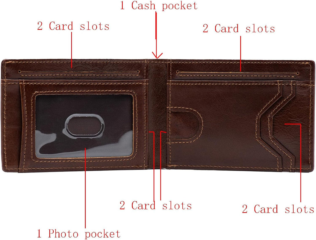 Slim Minimalist Mens Bifold Wallet, RFID Blocking Genuine Leather Wallet for Men with ID Window and 8 Cards Slot.（Coffee）