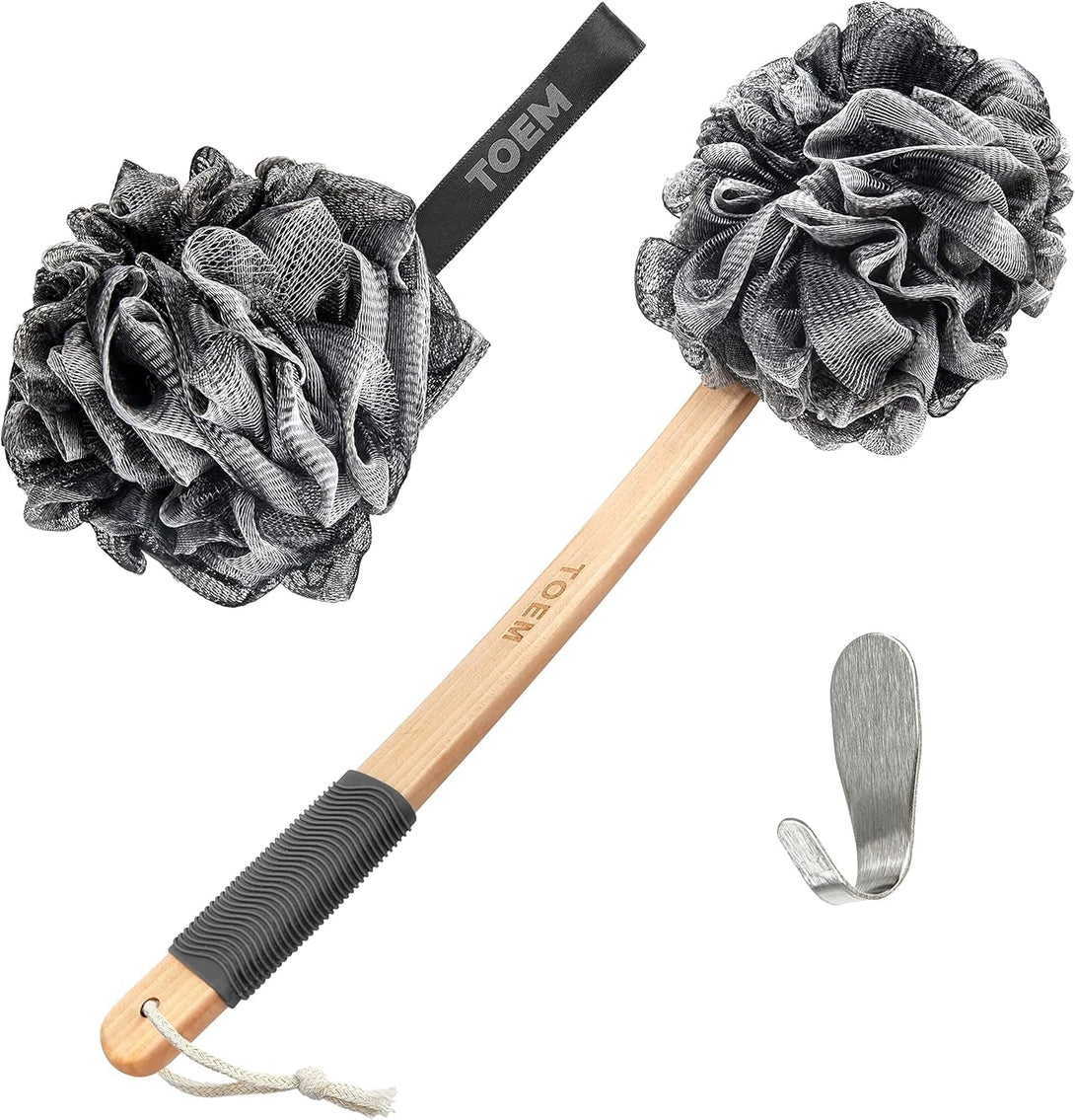Loofah Back Scrubber for Shower | Bamboo Charcoal Fiber Infused | Loufas for Men & Women | Includes 1 Long Handled Shower Sponge, 1 Bath & Shower Luffa Pouf & 1 Hook to Hang Stuff (Slate Grey)