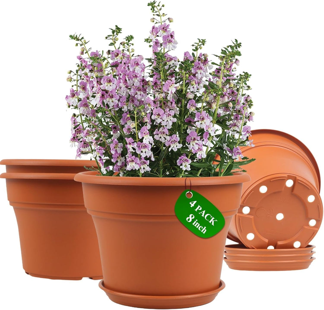 8 Inch Plastic-Flower Pot-For-Indoor Plants, 4 Pack Large Outdoor Planter Pot with Drainage Holes & Saucers, Resin Decorative Garden Pots Planters