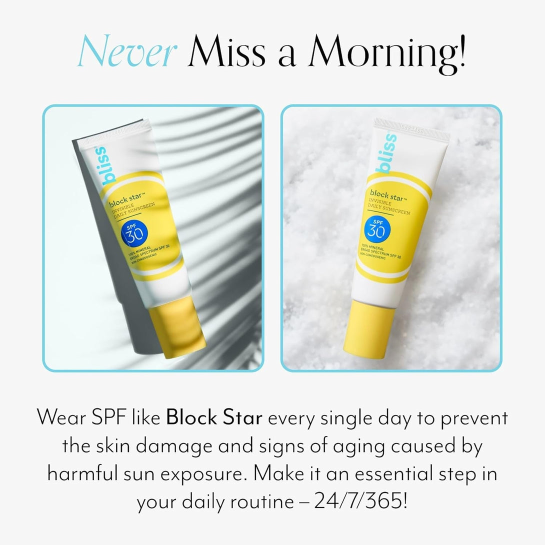 Bliss Block Star SPF 30 Daily Tinted Sunscreen with Zinc Oxide, Sunscreen & Makeup Primer- All Skin Tones - 100% Mineral Broad Spectrum Sunscreen with Titanium Dioxide & Antioxidant Blend,- 1.4 Fl Oz.