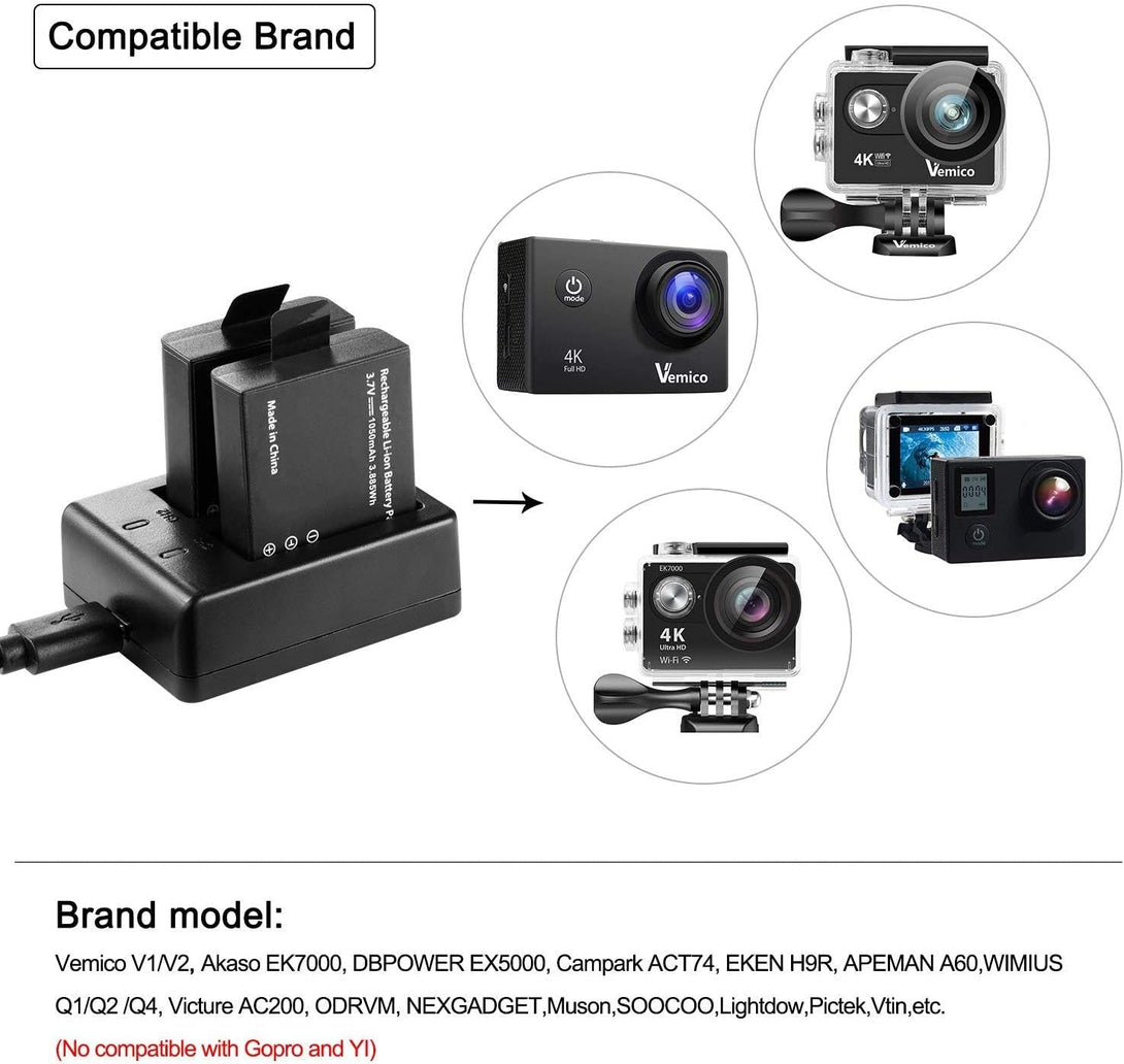 Action Camera Battery 1050Mah 3-Pack PG1050 Battery for AKASO Ek7000,Brave 4, Sjcam,Apexcam,Wolfang, Jadfezy,Xilecam,Dragon Touch,Vemont Sport Cameras