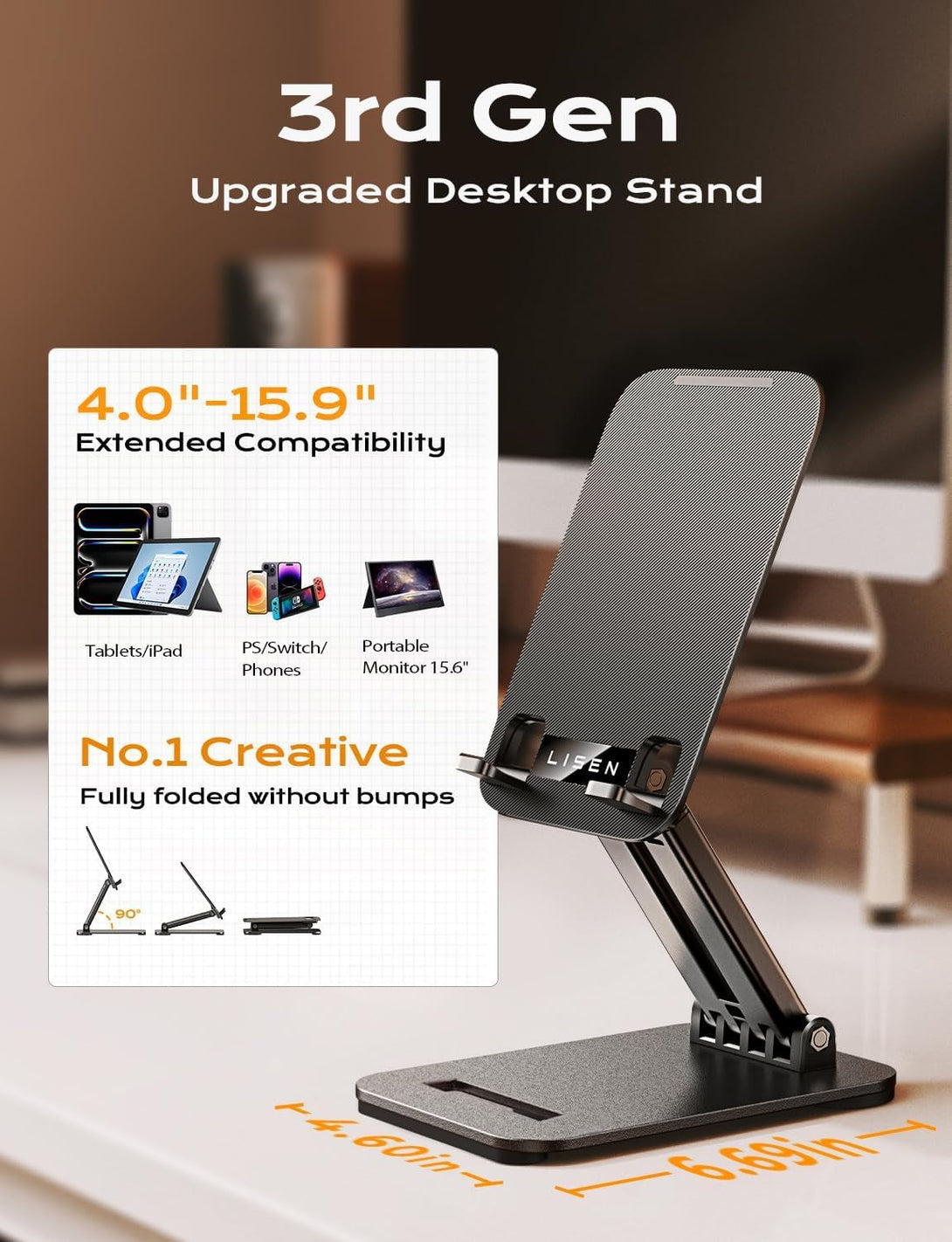 LISEN Tablet Stand for Ipad Stand Holder Desk, Foldable Home Office Desk Accessories Travel for Ipad Holder Dorm College Essentials Portable Monitor Stand Fits Tabs Kindle Iphone 4-15.9" Black