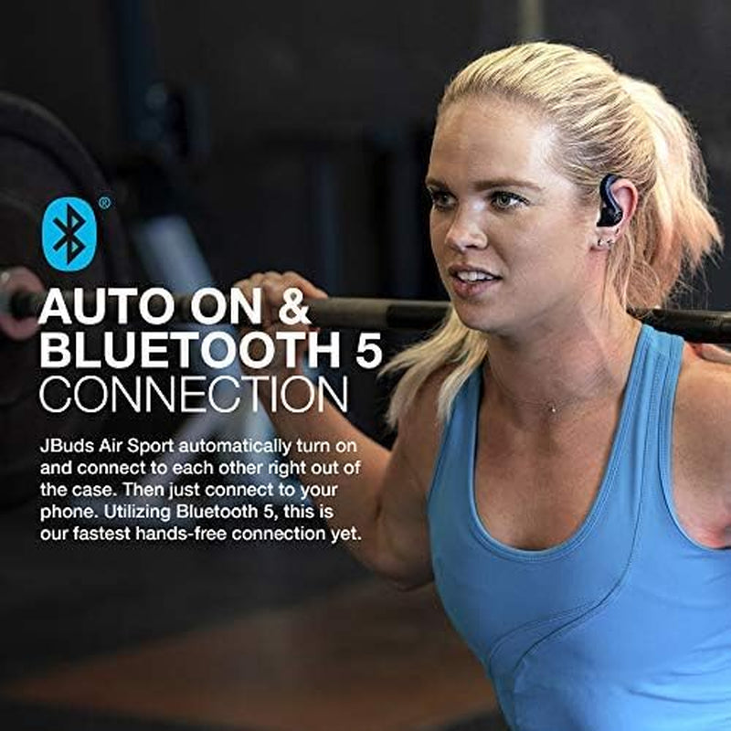 Jlab Jbuds Air Sport True Wireless Bluetooth Earbuds + Charging Case, Black, IP66 Sweat Resistance, Class 1 Bluetooth 5.0 Connection, 3 EQ Sound Settings Jlab Signature, Balanced, Bass Boost