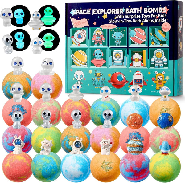 20 Pack Galaxy Bath Bombs for Kids with Space Explorer Toys, Cosmic Adventure Kids Bath Bombs with Astronauts, Rockets, Planets & Glow-In-The-Dark Aliens Inside,End-Of-School Year Gifts