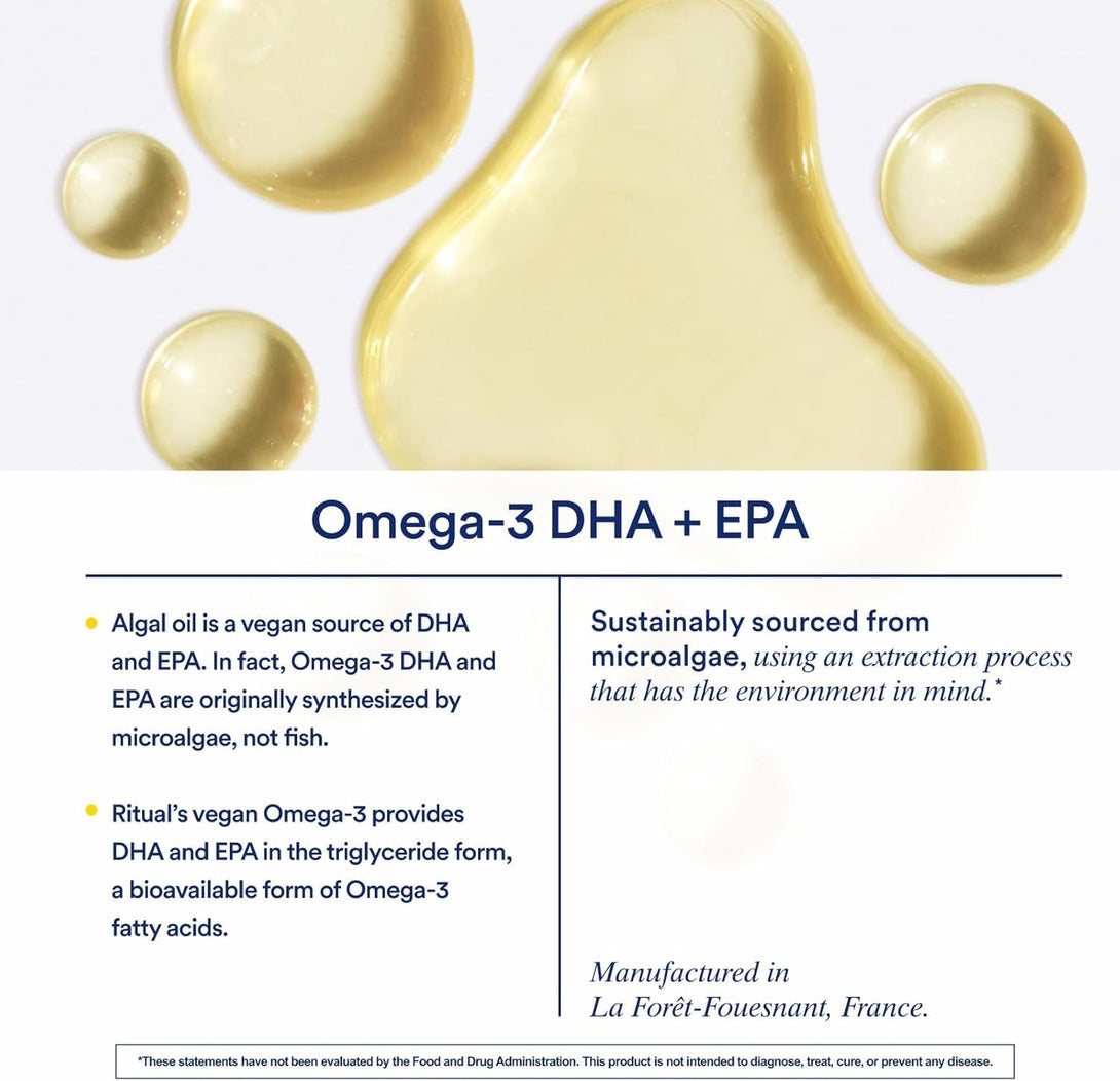 Ritual Omega 3 - Vegan - Science-Backed Dose of DHA & EPA Fatty Acids in 2:1 Ratio, Bioavailable, Brain and Heart Health Support, Minimal Burp-Back, Sustainably Sourced Microalgae, 30 Day Supply