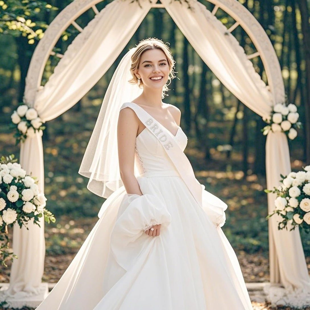 Chanaco Bride to Be Sash Bridal White Veil for Wedding 2Pcs Bride Pearl Satin Sash Bachelorette Party Decorations Double Edge Center Cascade Bridal Shower Veil with Comb Engagement Gifts