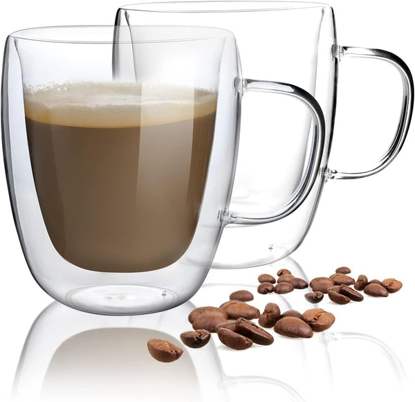 HORLIMER 15 Oz Double Walled Glass Coffee Mugs Set of 2, Clear Insulated Coffee Cup with Handle for Espresso Cappuccino Latte Tea Milk Juice