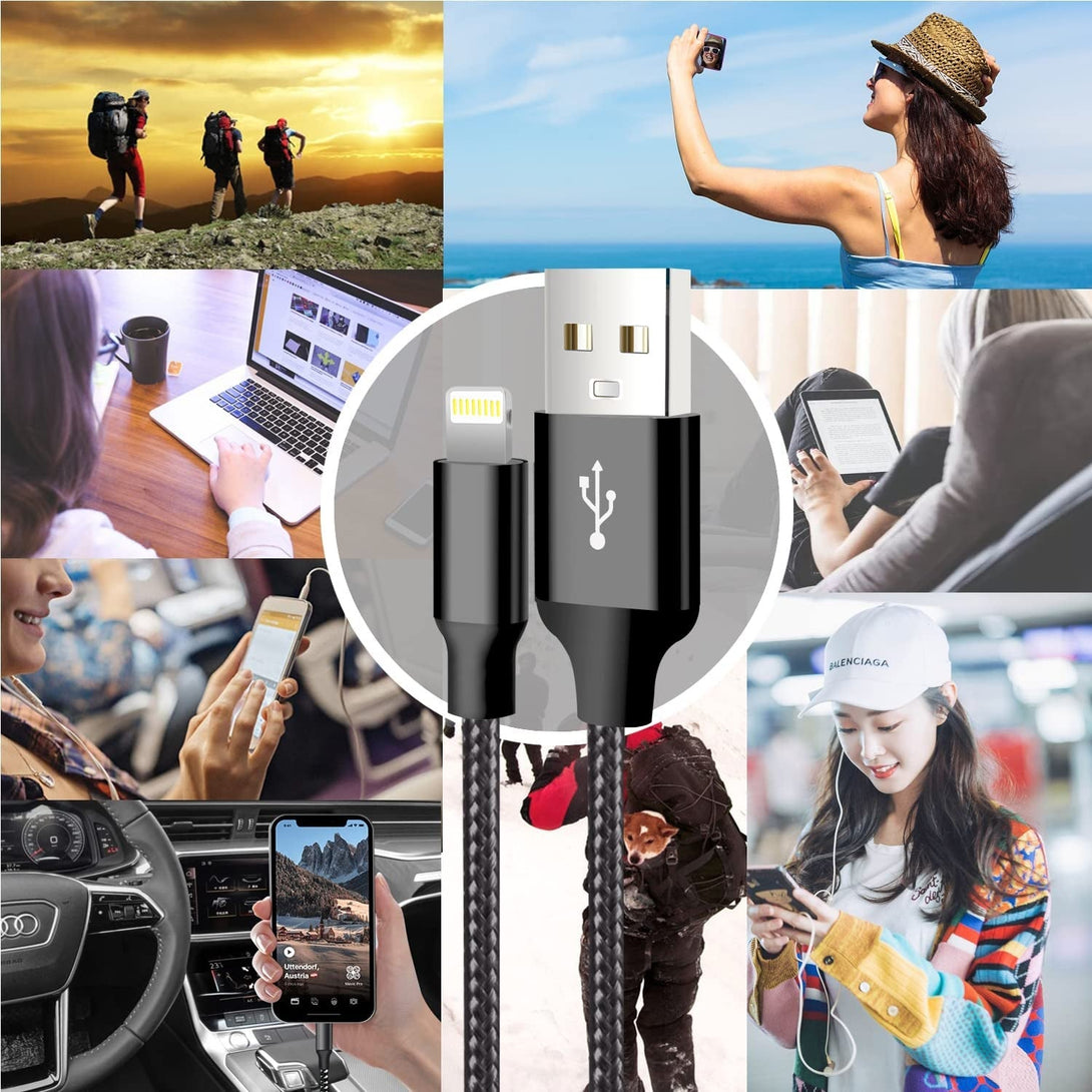 Iphone Charger, 5 Pack 3/3/6/6/10FT Apple Mfi Certified USB Lightning Cable Nylon Braided Fast Charging Cord Compatible for Iphone 14/13/12/11/X/Max/8/7/6/5/Se/Plus/Ipad - Black