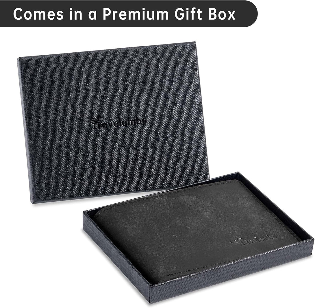 Real Leather Mens Bifold Wallet RFID Blocking Slim Minimalist Front Pocket - Thin & Stylish with ID Window in Gift Box (Crazy Horse, Black)