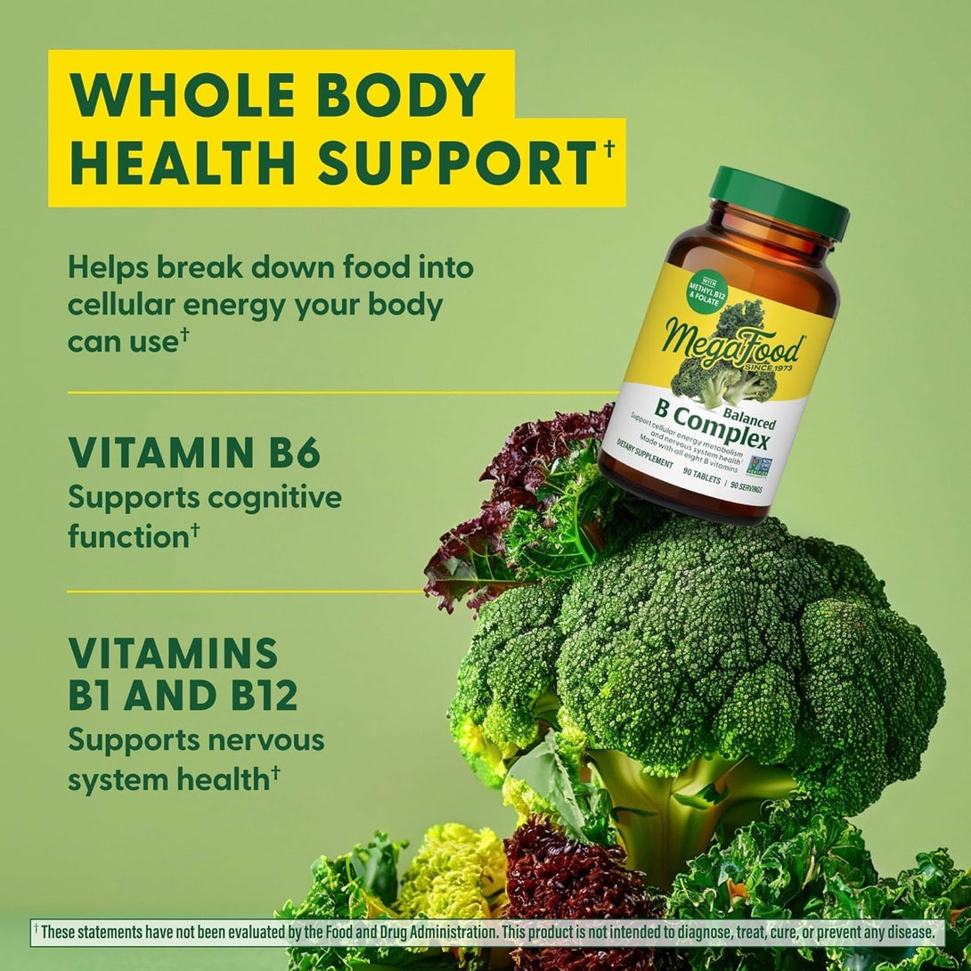 Megafood Balanced B Complex - B Complex Vitamin Supplement, 8 B Vitamins Including Vitamin B6, Vitamin B12, Folate, Biotin & More, Supports Cellular Energy Production, Vegan, Gluten Free - 90 Tablets