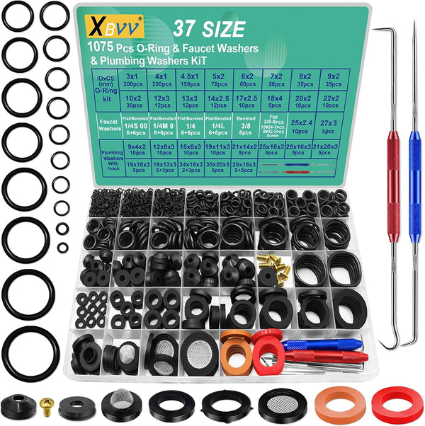 37 Size 1075 Pcs Faucet Washers & O-Rings Kit & Plumbing Gasket 3-In-1 Home Universal Rubber Washers Assortment Kit for Faucet Hose Spigot Plumbing Seal Repair with Pick Hook