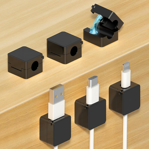 6 Pack Magnetic Cable Clips Cord Holder Charger Organizer Office Accessories under Desk Wire Management Phone Charging Cords Keeper Holders for Nightstand Home Desktop Bedside Table Electronics Black