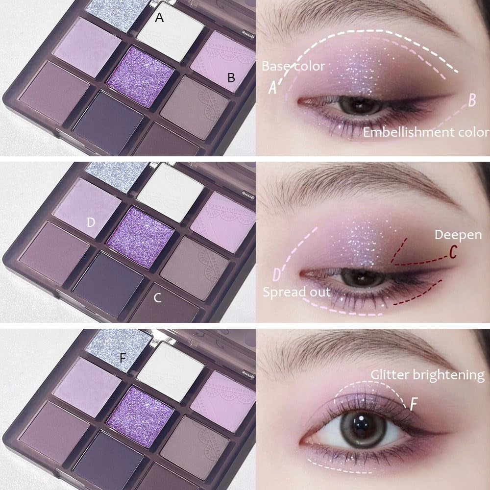 9 Colors Purple Silver White Tan Grape Matte Shimmer Eyeshadow Palette for Eye Makeup,High Pigmented Brown Eye Shadow Primers Powder Palet De Sombras De Ojos