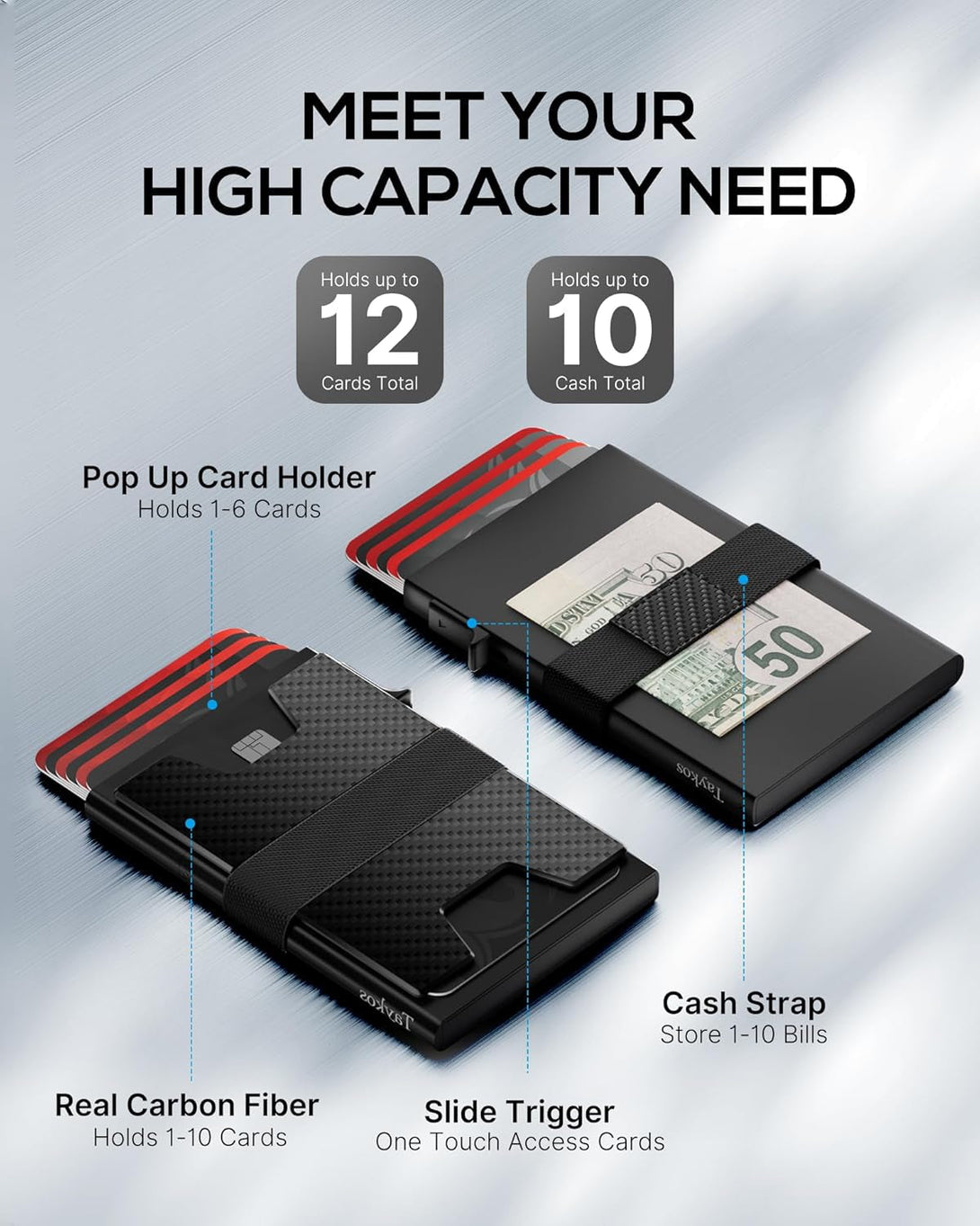Mens Wallet Card Holder - Metal Pop up Card Case, Real Carbon Fiber, Smart, Minimalist, RFID Blocking, Slim, Thin, Front Pocket - Holds up to 12 Cards and 10 Bills