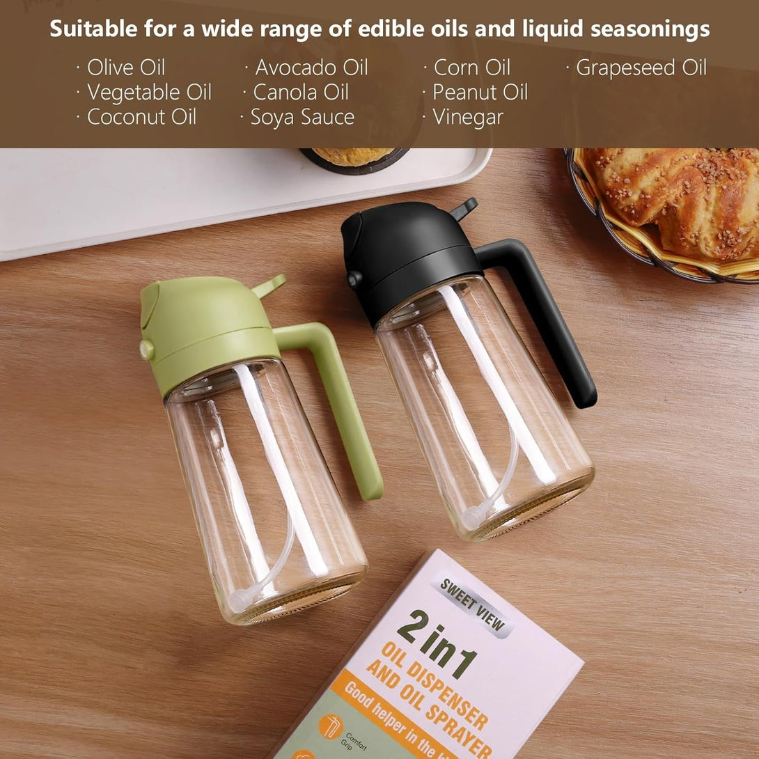 Olive Oil Sprayer for Cooking, 470Ml 2 in 1 Glass Oil Dispenser/Pour Bottle, Kitchen Accessories, Kitchen Gadgets for Air Fryer, Salad, BBQ (Black)