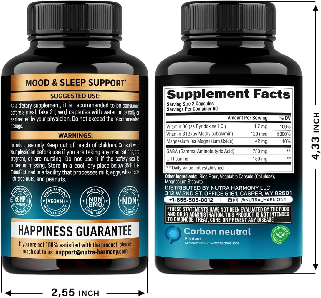 GABA L-Theanine 900 Mg - Made in USA - Magnesium | Vitamin B6 - Calm, Sleep, Relaxation & Mood Support - 750 Mg Gamma Aminobutyric Acid, 150 Mg L-Theanine - Non-Habit Forming, Vegan - 120 Capsules