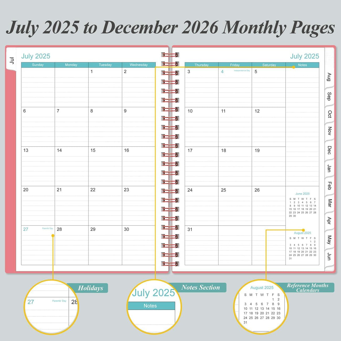 2025-2026 Monthly Planner - July 2025 - December 2026, Two Pages per Month, 18 Monthly Calendar/Planner with Tabs, Strong Twin-Wire Binding, Inner Pocket, 6.4" X 8.5", Pink
