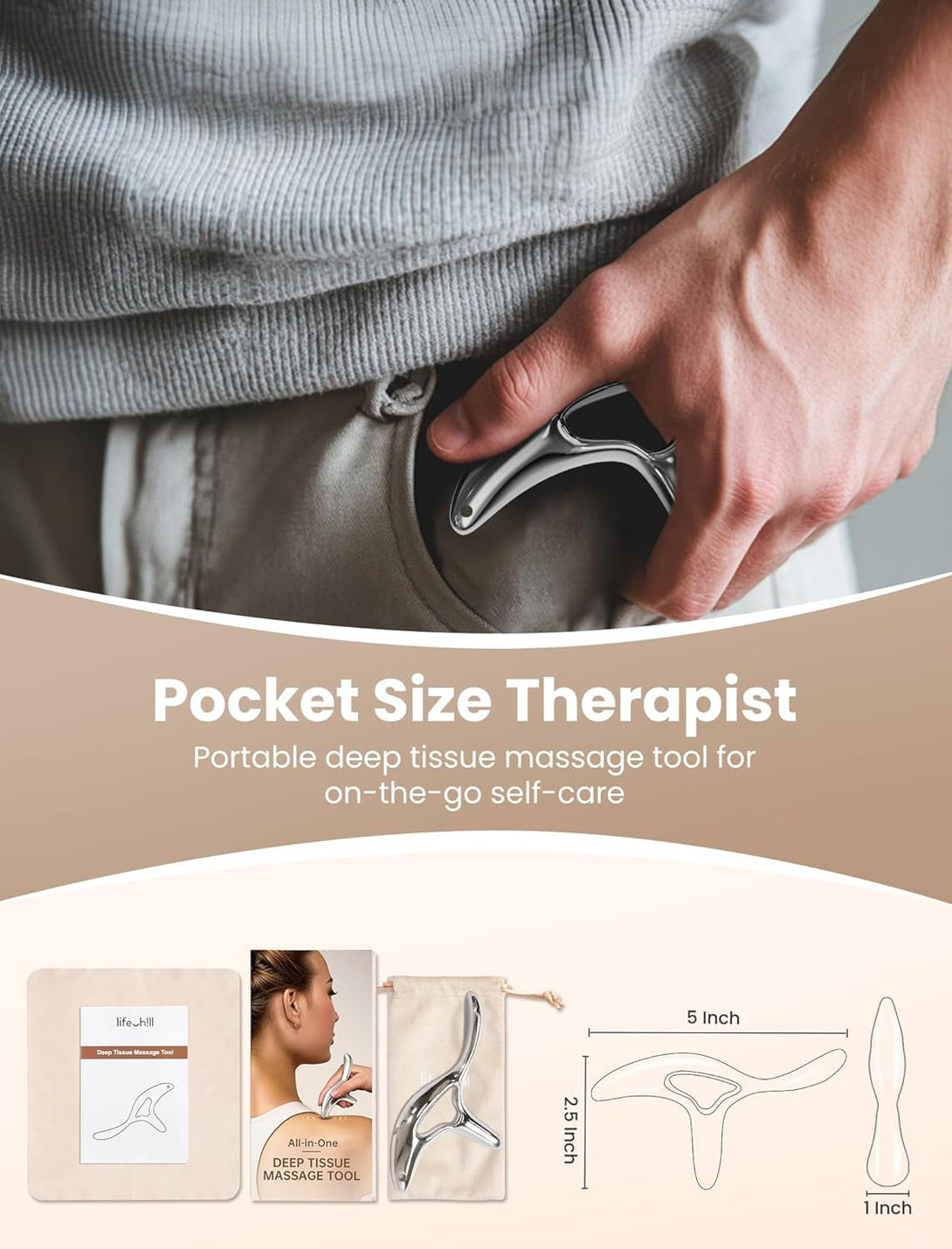 Lifechill Trigger Point Massage Tool for Deep Tissue Massage & Gua Sha, Muscle Scraper Tool for Full Body Pain Relief, Thumb Saver Acupressure Tool, FSA HSA Eligible