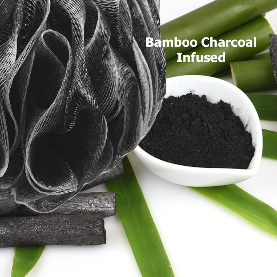SHOWER BOUQUET Loofah-Charcoal Bath-Sponge Xl-Color-4-Pack // Extra Large 75G Soft Mesh Black Luffa Loofa Loufa Puff Set/Exfoliating Body Scrubber for Women and Men - Exfoliate & Soothe Face & Body