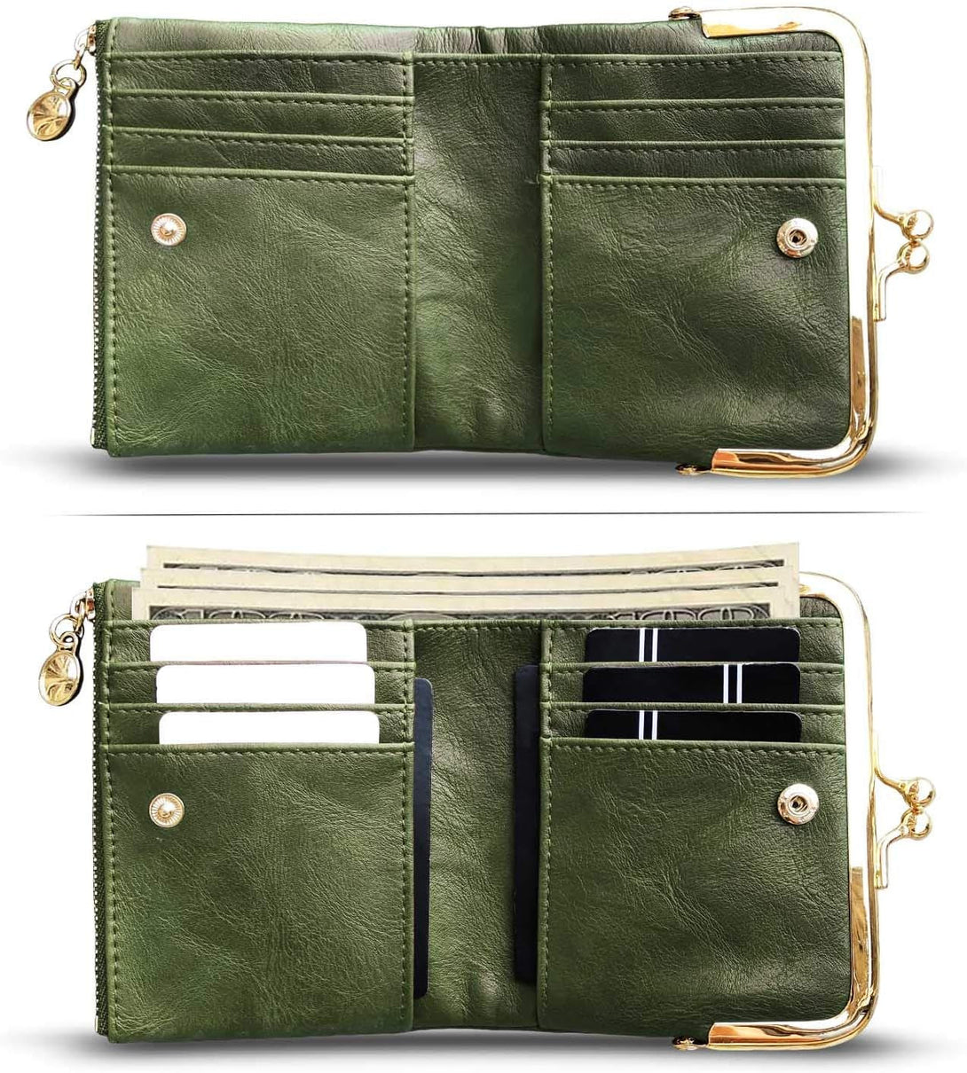 AOXONEL Womens Wallet Small Rfid Ladies Compact Bifold Leather Vintage Coin Purse with Zipper and Kiss Lock