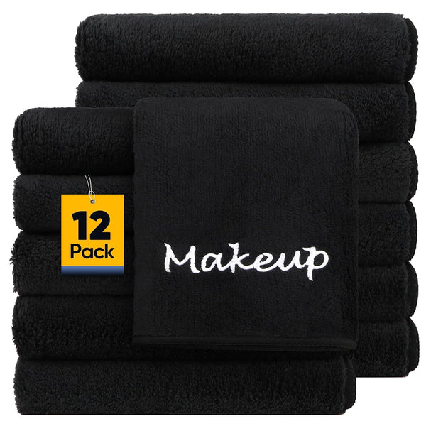 Makeup Remover Cloth, 12 Pack Black Facial Wash Cloths, Soft Coral Fleece Microfiber Towels for Face, Hand, and Bathroom(13" X 13")