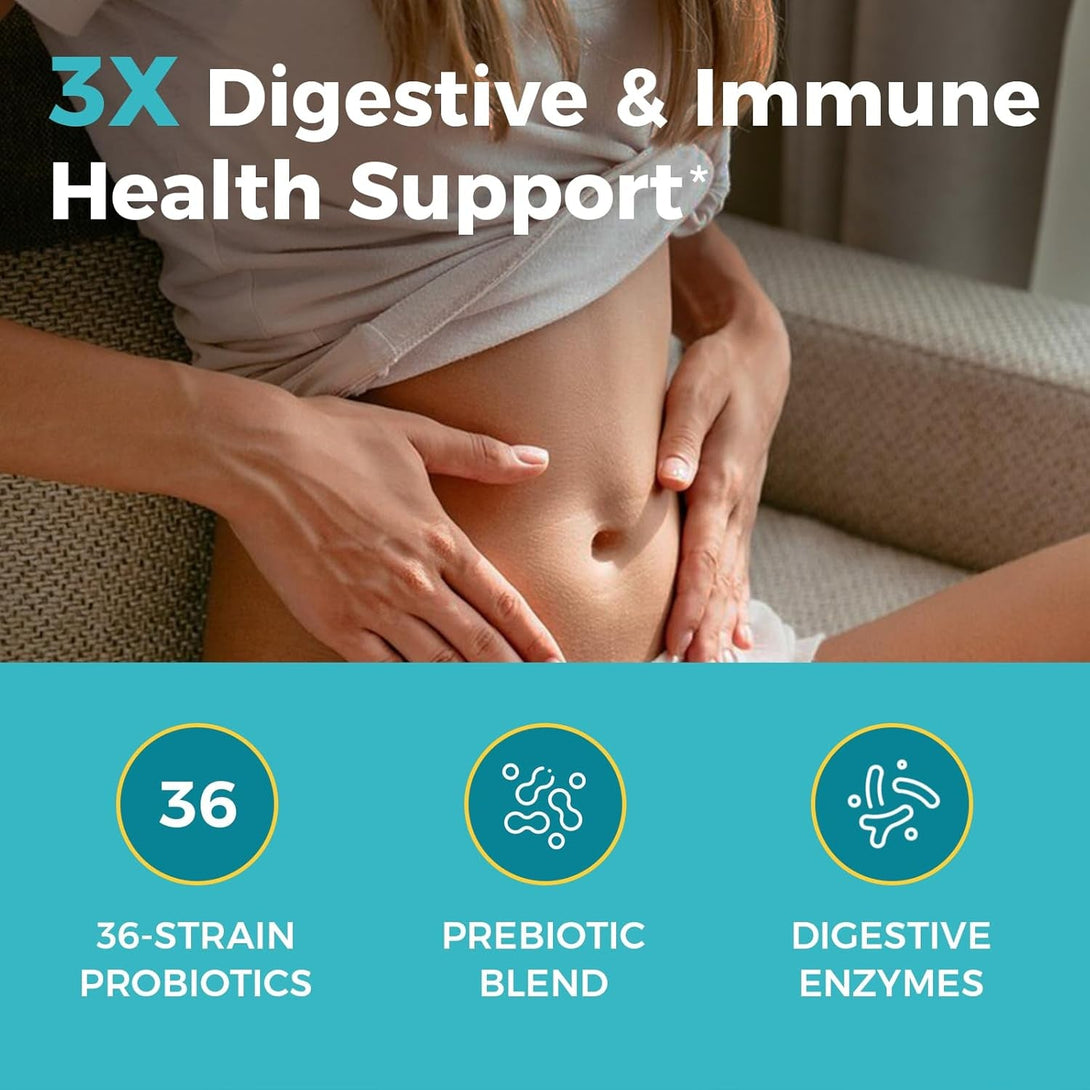 Newrhythm Probiotics 120 Billion CFU 36 Strains, 3-In-1 Probiotics for Digestive Health & Immune Support with Prebiotics & Enzymes, Probioticos for Women & Men, Vegan Targeted Release Supplement, 30Ct