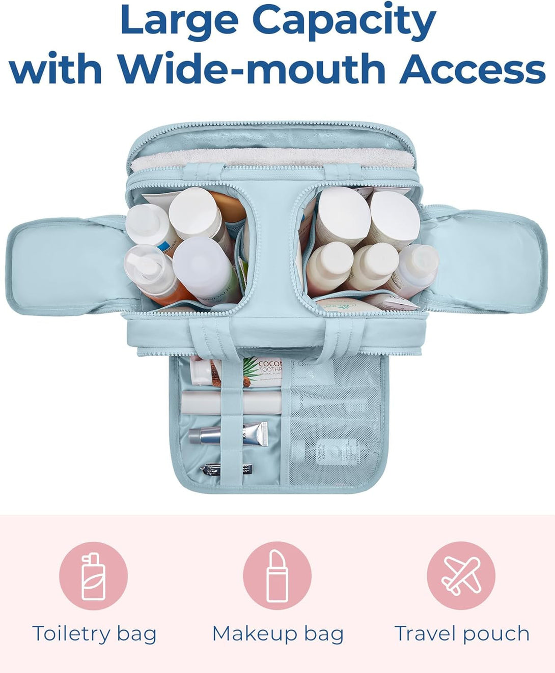 BAGSMART Travel Toiletry Bag, Lightweight Large Wide-Open Travel Bag for Women, Puffy Cosmetic Makeup Bag Organizer with Handle for Accessories,Essentials, Toiletries, Blue