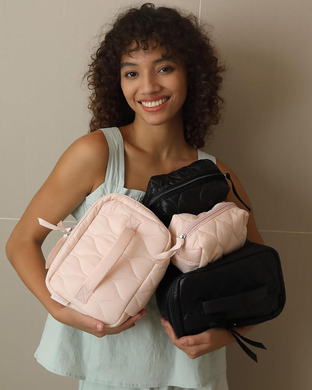 BAGSMART Travel Makeup Bag, 2-Piece Puffy Quilted Cute Make up Bag Cosmetic Bags for Women, Large Wide-Open Toiletry Pouch Gifts for Toiletries Accessories Travelling Essentials, Pink