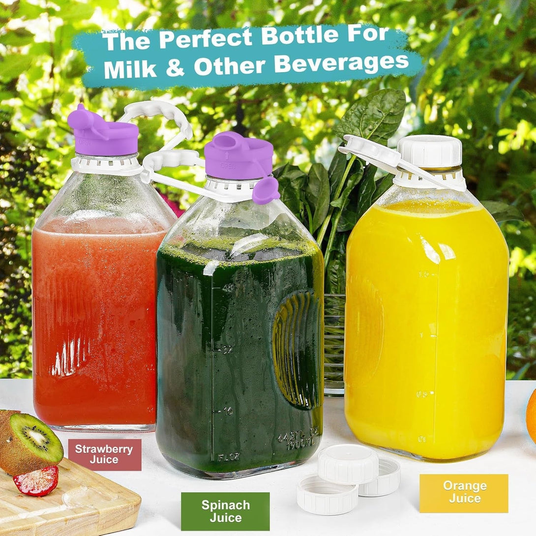 2 Pack 64 Oz Heavy Duty Glass Milk Bottle with Dispenser Cap and Reusable Airtight SCREW LID, 2 Qt Glass Water Bottle with 2 Exact Scale Lines - Milk Jug Pitcher - 1/2 Gal Juice Bottles