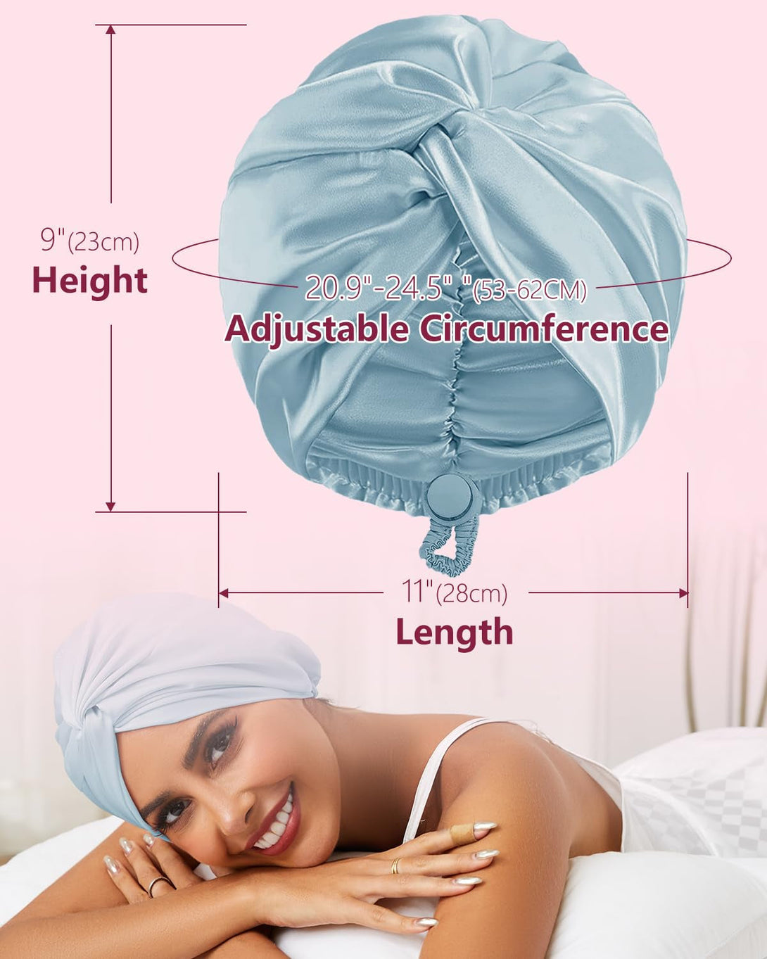 Adjustable Silk Satin Hair Bonnet for Sleeping, Double Layer Hair Wrap Sleep Cap Turban for Women Men, Curly Straight Long Large Braid Unisex (Aqua Blue 81)