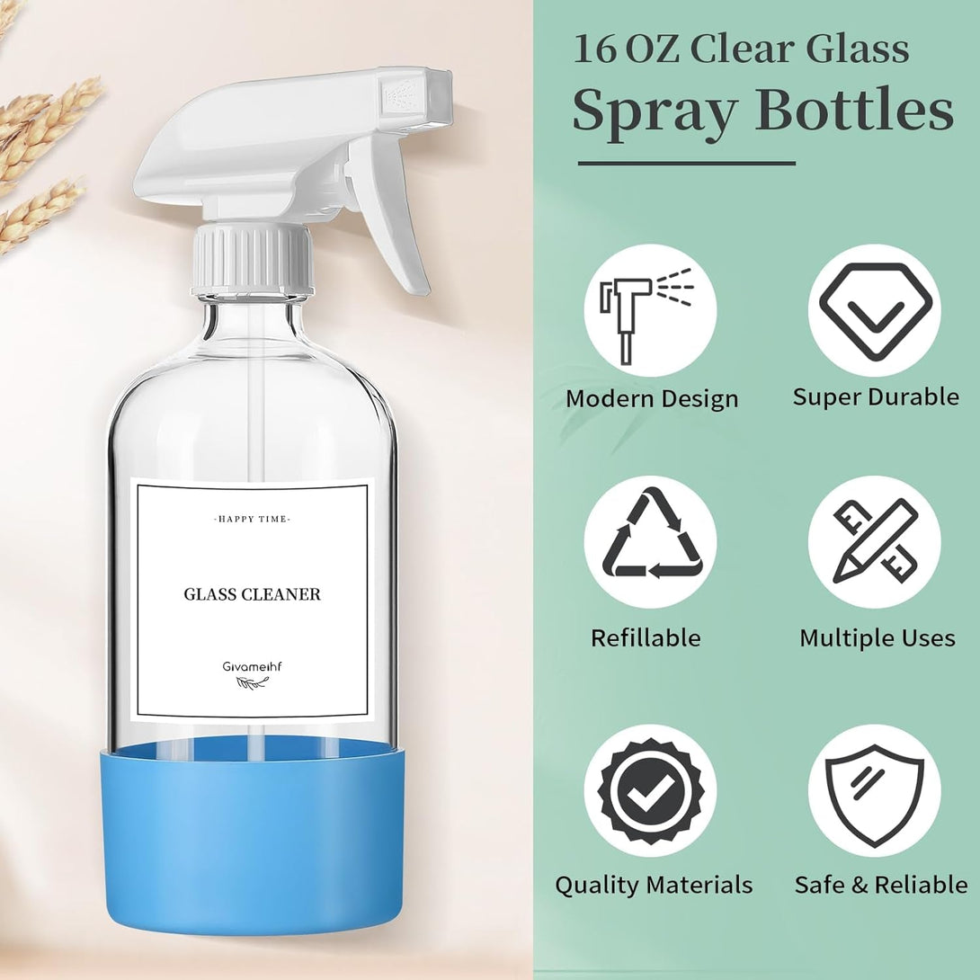 2 Pack Glass Spray Bottles with Silicone Sleeve,16Oz Clear Glass Spray Bottles Refillable Empty Bottle with Adjustable Nozzle,Spray Bottle for Essential Oils,Cleaning Solutions,Pets,Hair