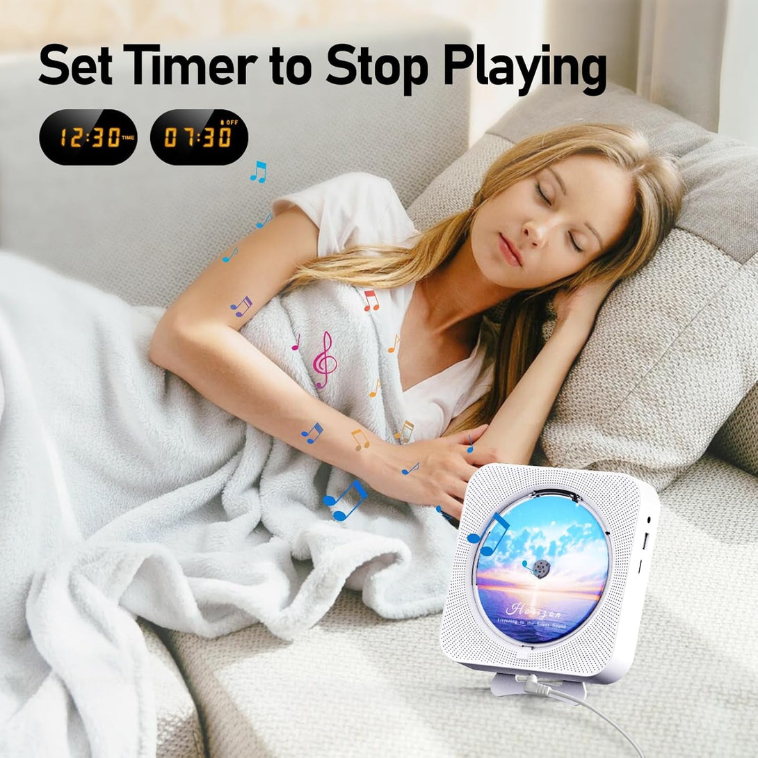 Bluetooth Portable Home CD Music Player with Remote Control, Timer, Built-In Speakers and LED Display - FM Radio Boombox (White)