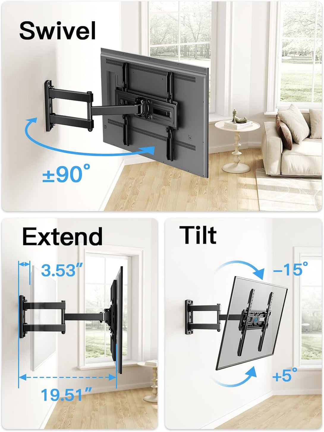 Pipishell Full Motion TV Wall Mount for Most 26-60 Inch Flat & Curved Tvs up to 77 Lbs, Adjustable Bracket Height, Single Articulating Arm, Extension, Max VESA 400X400Mm, PIMF9