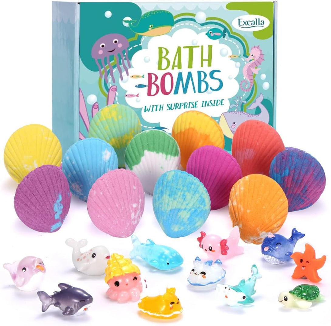 Bath Bombs for Kids with Toys inside for Girls Boys - 12 Handmade Bubble Bath Fizzies Bomb with Surprise Sea Animals Toys, Moisturize Gentle and Kids Safe