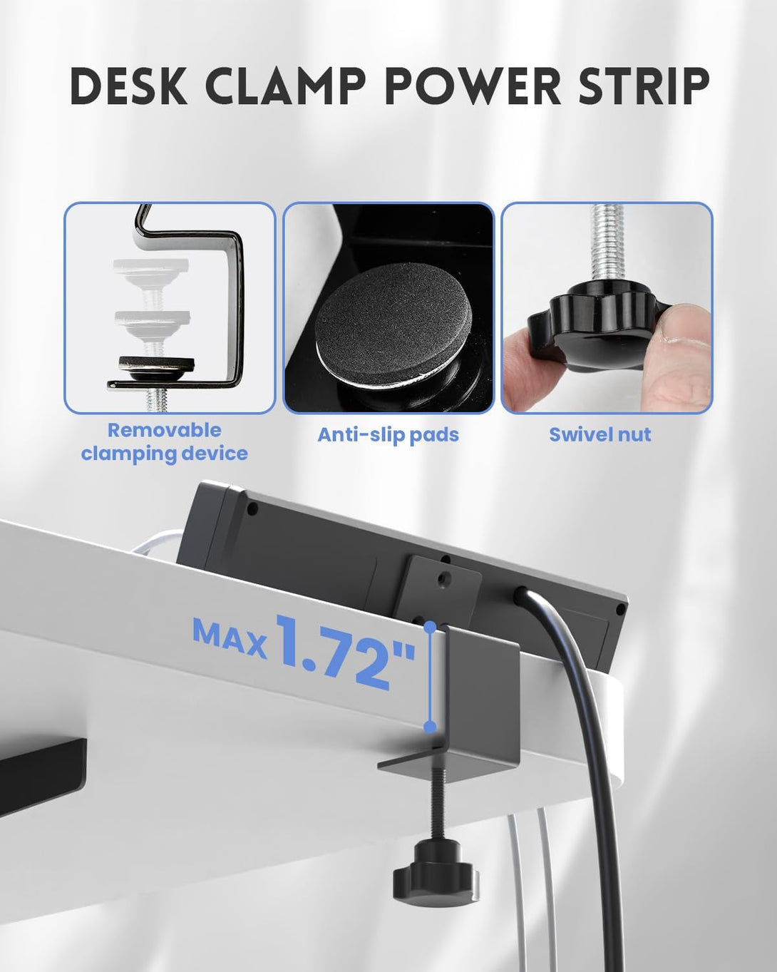 Desk Clamp Power Strip 6FT, Outlet Station with 3 Outlets, PD 20W Fast Charging, Flat Plug, 14 Gauge, 980J Surge Protector, Black Power Strip with USB C, Fit 1.72" Tabletop Edge