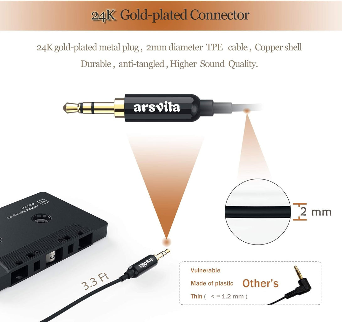 Arsvita Car Audio Cassette to Aux Adapter, 3.5 MM Auxillary Cable Tape Adapter