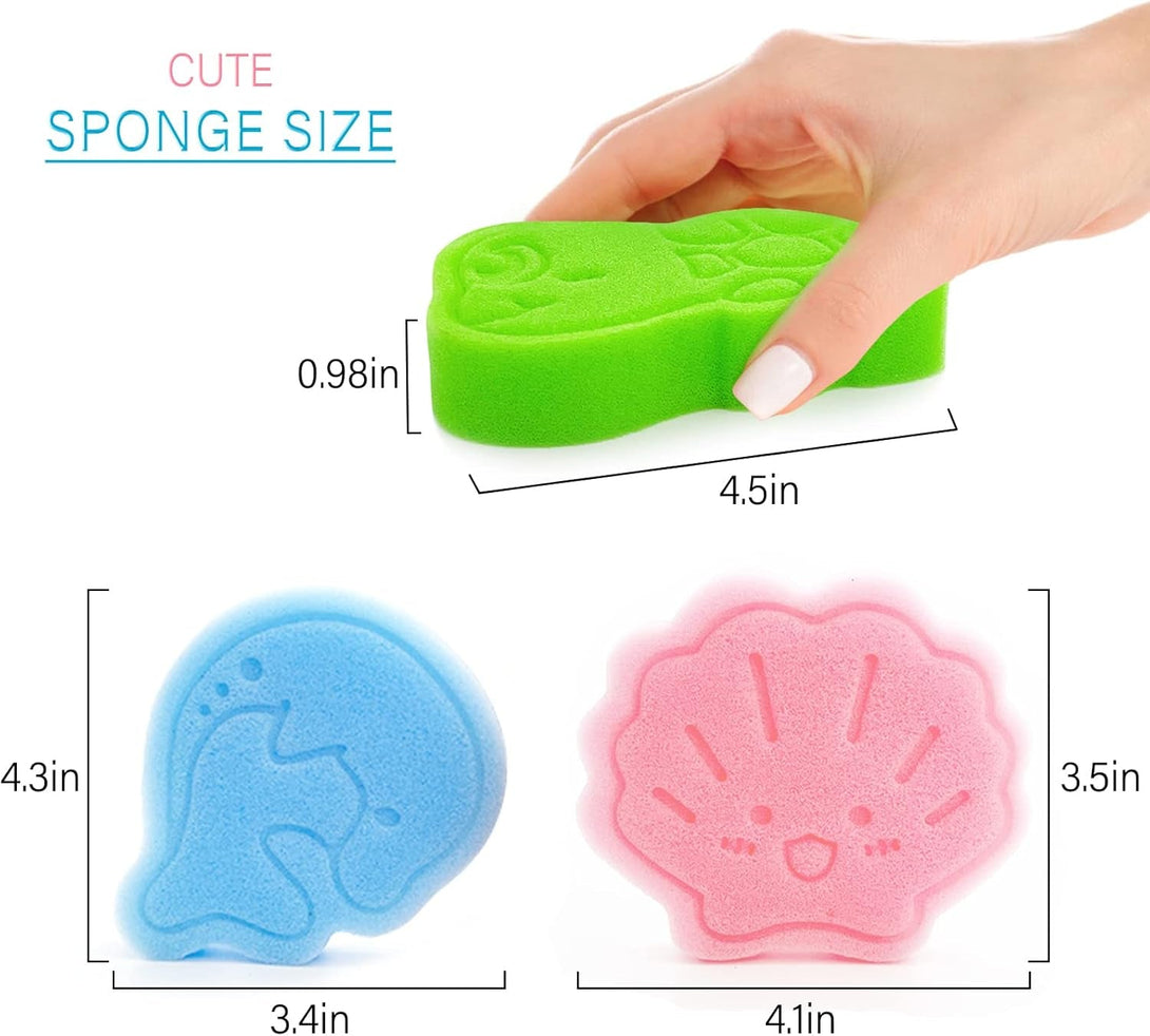 Baby Bath Sponge, Natural Cute Shapes Soft Shower Sponges for Bathing, Bathtub Foam for Infants and Toddler, 3Pcs : Blue Dolphin, Pink Shell, Green Turtle