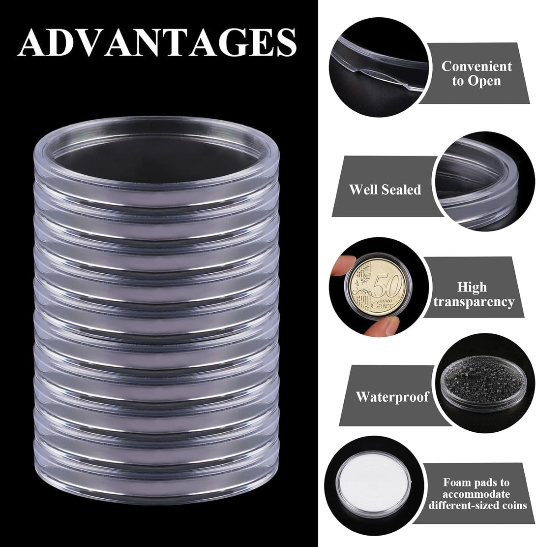 60P Clear Plastic Coin Capsules, Silver Dollar Coin Holder, 40Mm Silver Coin Storage, Coin Holders for Collectors, Morgan Silver Dollar Coin Holders with Adjustable Gasket（17/20/25/27/30/33/38/40Mm）