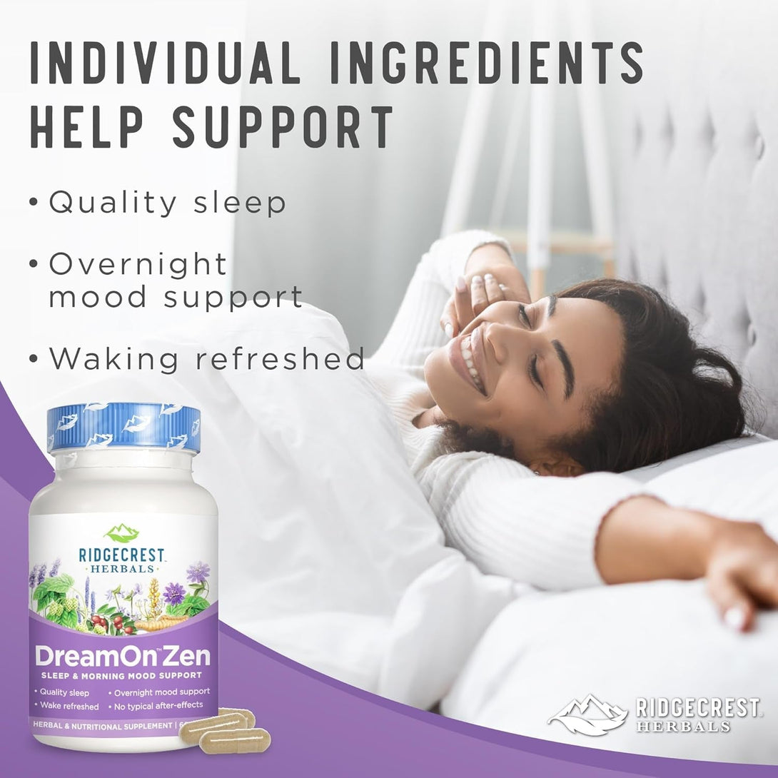 Ridgecrest Herbals Dreamon Zen, Sleep Support Supplement, Melatonin Free, Magnesium, 5-HTP, Lavender, Chamomile, Valerian, Lemon Balm for Adults and Children 12+ (60 Caps, 30 Serv)