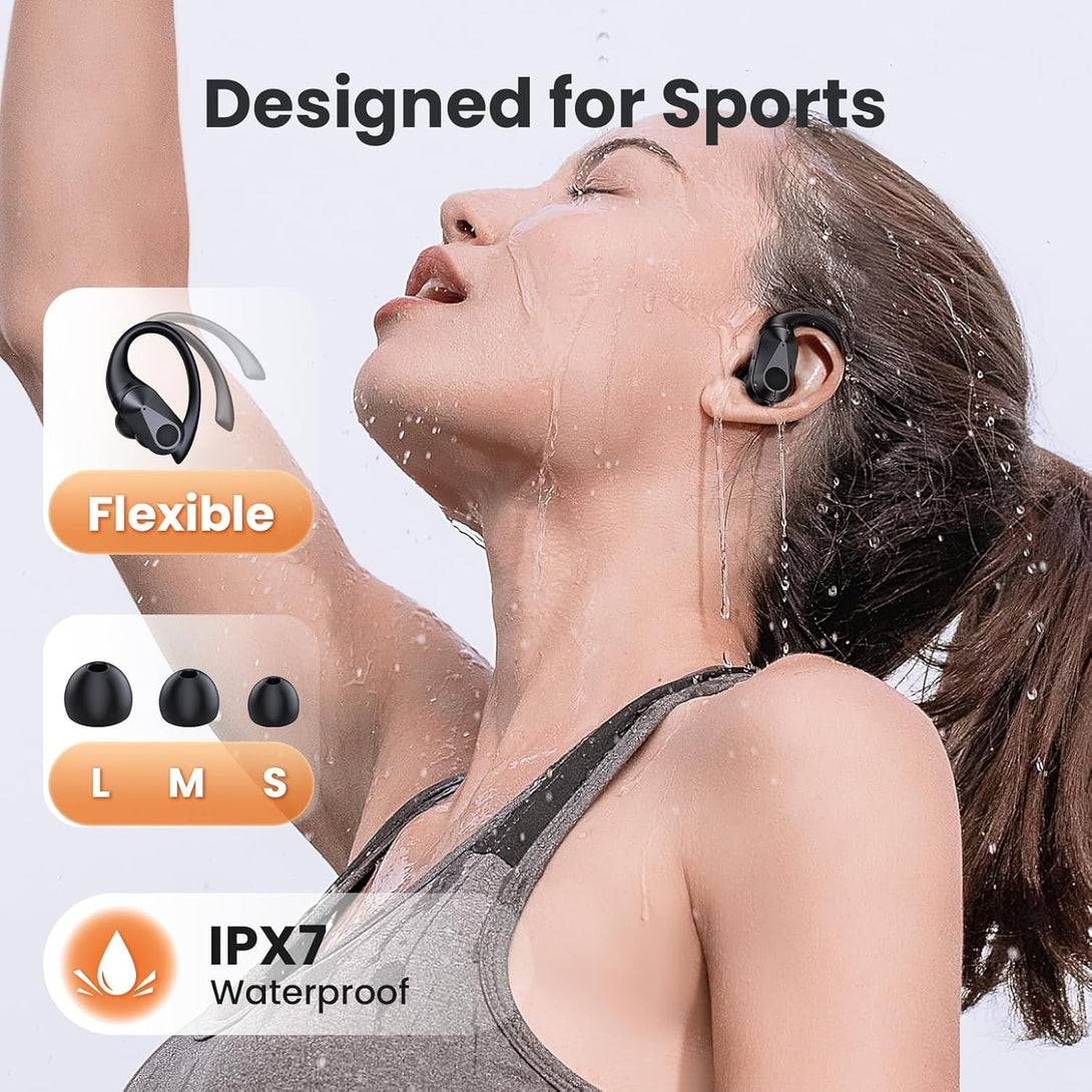 Wireless Earbuds, 90H Playtime Bluetooth Headphones, over Ear Buds with LED Display, Stereo Bass Earphones, Wireless Charging Case, IPX7 Waterproof Sport Headset for Workout (Black)